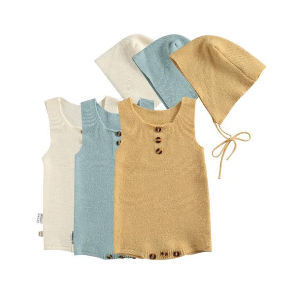 

clothing sets infant sleeveless romper+ hat cute knitting simple style solid color button decoration spring, White