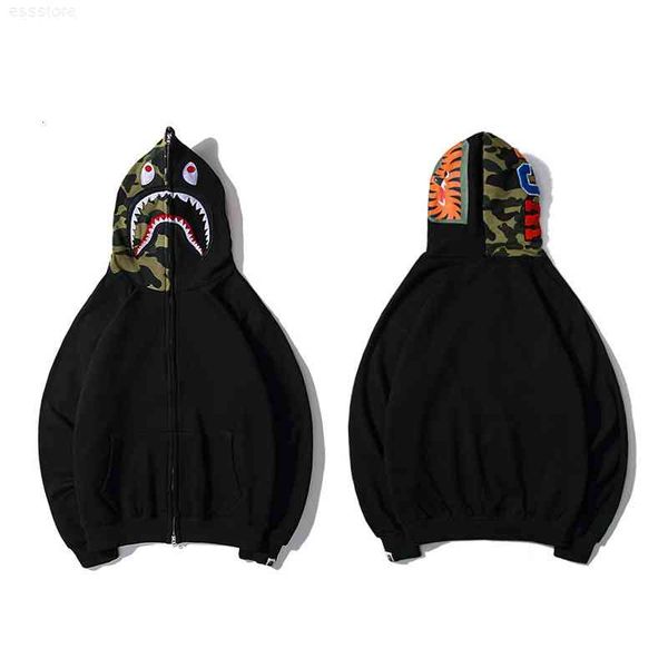

jerseys hoodies chaopai classic shark head embroidery camouflage stitching hoodie men's and women's zipper plush sweater jacket, Black