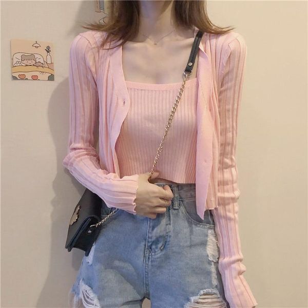 

women's knits & tees autumn fashion solid rib knit cardigan 2021 thin v-neck bottoming sweater camisole two piece set streetwear, White