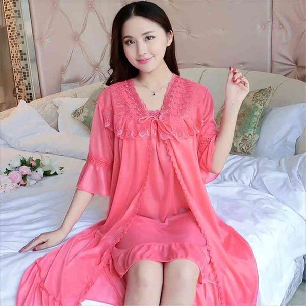 

ladies nightdress summer thin ice silk two-piece home service strap mini dress short-sleeved robe sets female nightgown, Black;red
