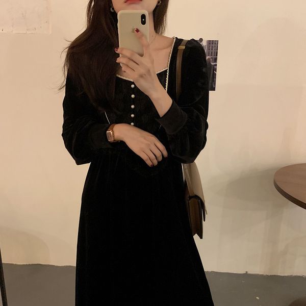 

dresses retro elegant women es square collar chic lace patchwork long sleeve autumn ankle-length vestidos, Black;gray