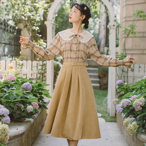 

preppy style 2-piece set women's lace stitching retro doll collar plaid shirt + solid color skirt student suit tracksuits, Gray