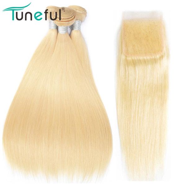 

human hair bulks 613 bundles with closure straight tuneful brazilian remy weave 3 blonde weft, Black