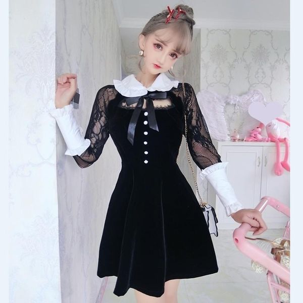 

casual dresses spring&autumn korea gold velour lace floral embroidery women hollow out bust black punk lolita full sleeve slim vestidos, Black;gray