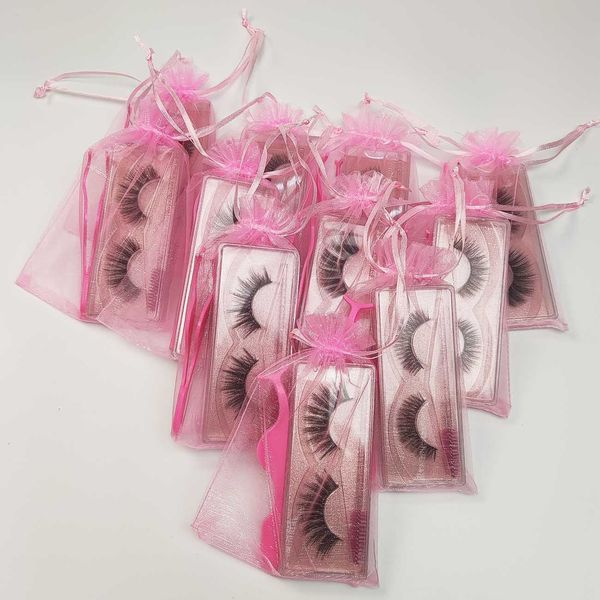 Falsche Wimpern Weiches Licht Gefälschte Glitzerwimpernverlängerung Nerzwimpern Make-up 3D-Kunsthaar Natürliches Kreuz Pinzettenbürsten-Set in rosa Tasche Kostenloser Anpassungsservice Lockenwickler