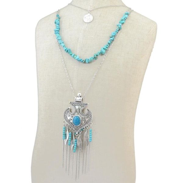 

pendant necklaces fashion bohemian retro plate chain bead tassel leaves shape necklace jewelry for women, Silver