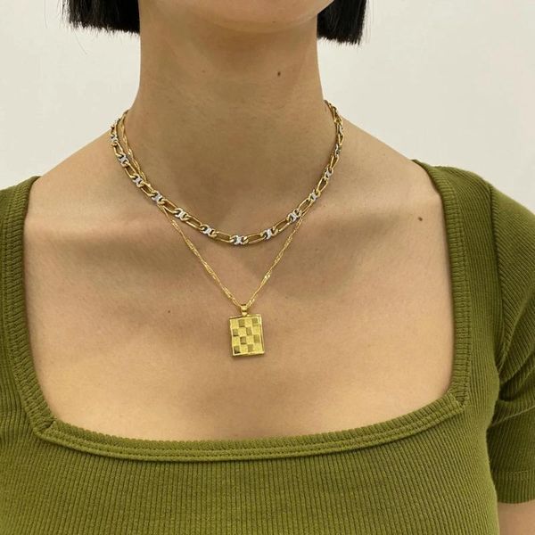 

pendant necklaces retro square checkerboard necklace stainless steel gold plated chain jewelry simple personalize ins style, Silver