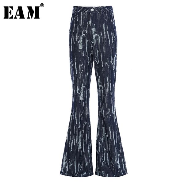 

[eam] high waist blue burr split joint long denim trousers loose fit pant fashion spring autumn 1y723 211007, Black;white