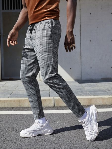 

men plaid drawstring waist pants y2fe#, Black