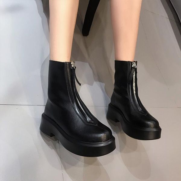 

boots ankle women genuine leather short ladies shoes fashion casual front zipper platform black