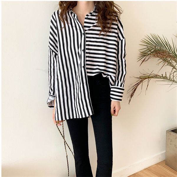 

stylish striped loose slender vintage office lady casual oversize fashion women sweet chic slim shirts 210421, White
