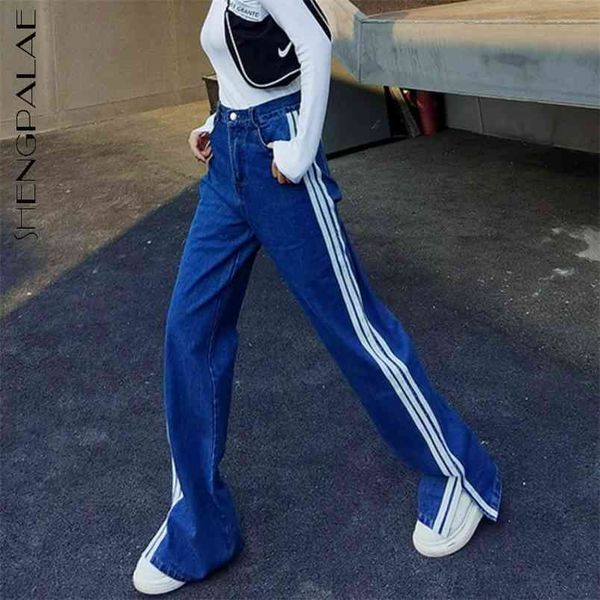 

streetwear white side striped jeans women's spring high waist split straight denim pants female tide sh080 210427, Blue