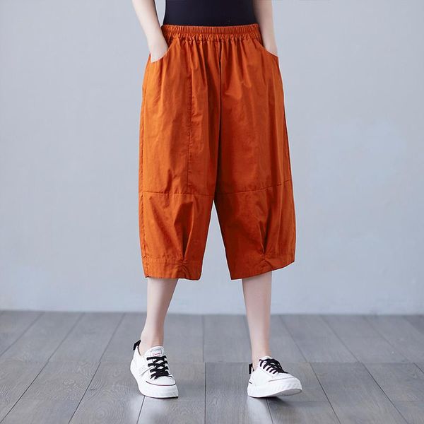 

women's pants & capris 2021 summer women cotton loose calf-length femme casual elastic waist wide leg plus size clothes j071, Black;white