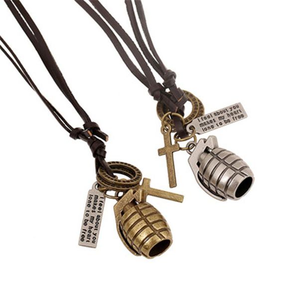 

pendant necklaces 2021 charm men's necklace mini tattoo grenade choker long brown leather cord jewelry for men gift p71, Silver