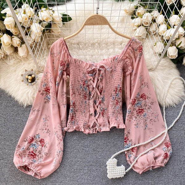 

singreiny women chiffon floral print blouse spring square collar puff sleeve short korean drawstring ruched blouses 210419, White