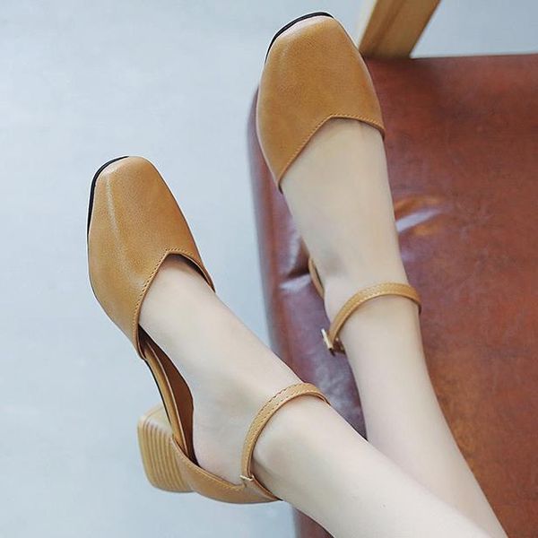

dress shoes fashion women pumps middle heels thick hoof heel wedding square toe leather ankle strap vintage, Black