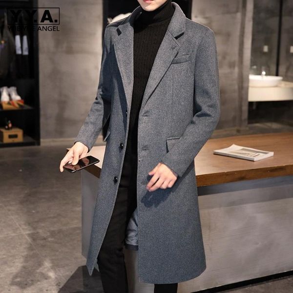 

men's wool & blends men office blend trench coat autumn winter slim single breasted overcoat solid color business casual long jackets m, Black