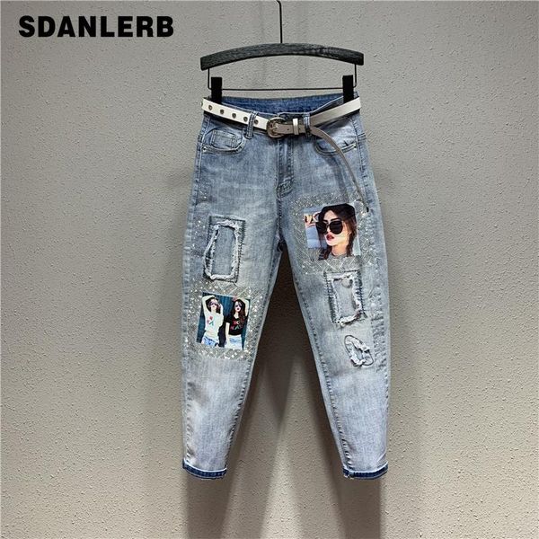 

women's jeans plus size european trend summer holes stickers high waist skinny harem pants girls students streetwear, Blue