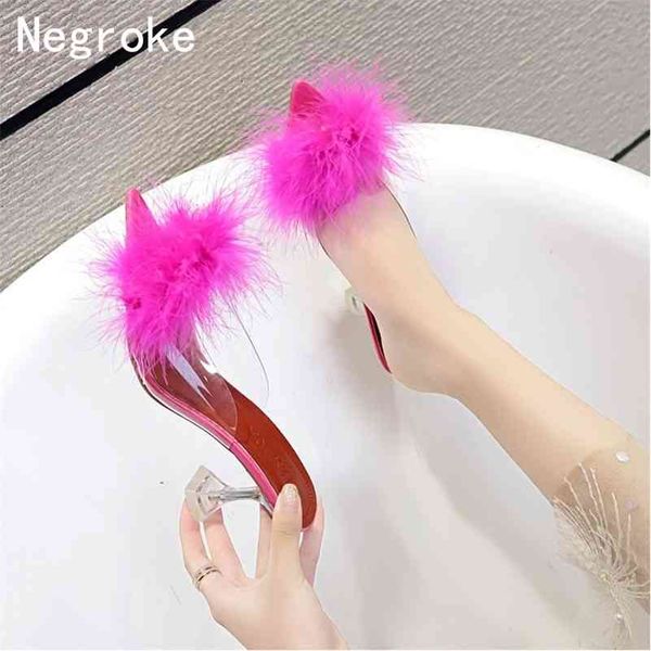 

furry ladies crystal heels shoes feather ffy sandals women's fur summer slippers women slae 210310, Black