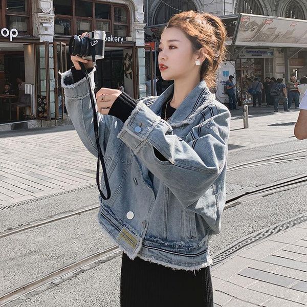 

denim jacket women 2021 spring autumn korean style long sleeve vintage loose single-breasted turn-down collar jean coat y373 women's ja, Black;brown