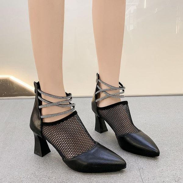 

rimocy spring summer women's mesh ankle boots crystal straps square high heels shoes woman back zip pointed toe party, Black