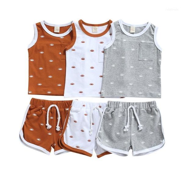 

clothing sets 2pcs toddler summer outfit, sun print o-neck tank +drawstring elastic waist shorts for baby girls, boys, 0-24 months1, White