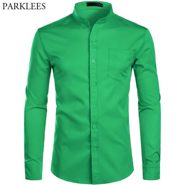 

men's banded collar green dress shirts 2021 brand slim fit long sleeve shirt men casual button down with pocket s-2xl, White;black