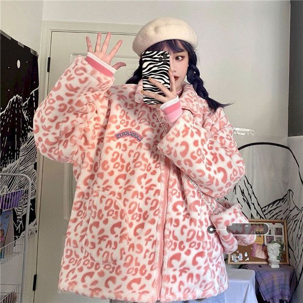 

2021 new winter korean jaet female pink leopard print loose thi casual fashion cardigan students coat women oversized kawaii, Black