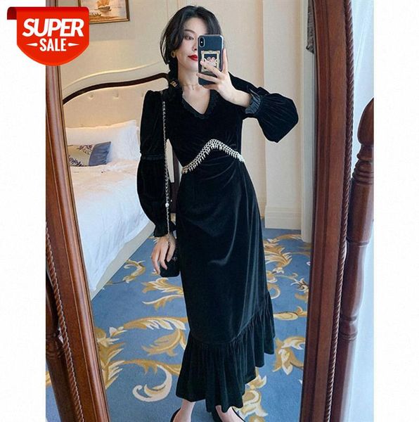 

net red the same korean version of loose sweet wind high waist thin black velvet pearl tassel dress #0h6d, Black;gray