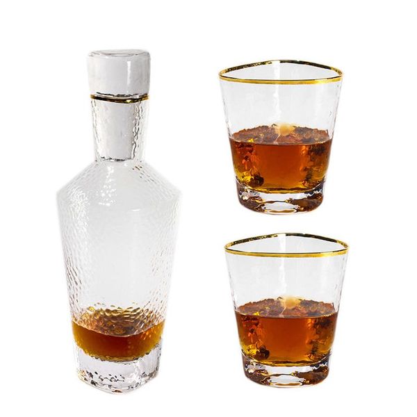 

3pcs/set gold rim hammer wine glass large capacity decanter bottle whiskey and brandy cup bar home party drinkware glasses