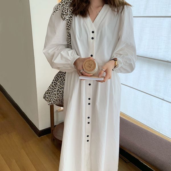 

[ewq] spring korean chic office lady v-neck solid color single breasted long puff sleeve white atraight shirt dress 8p116 210423, Black;gray