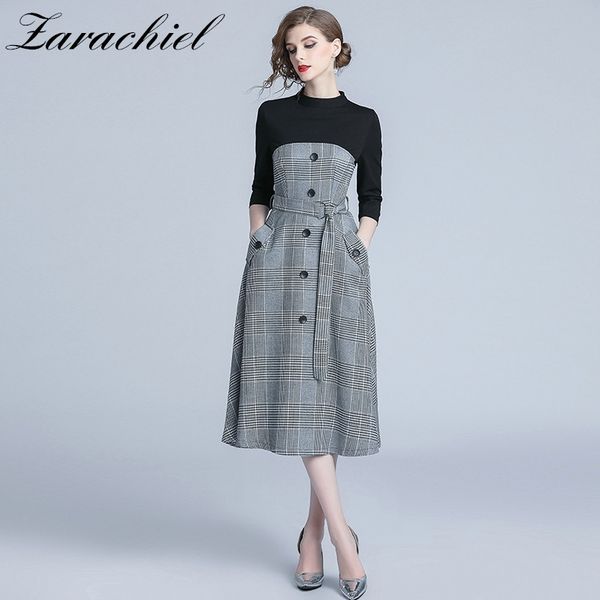 

autumn winter korean women slim splice knit with belted england pocket plaid medium and long term a line dress 210416, Black;gray