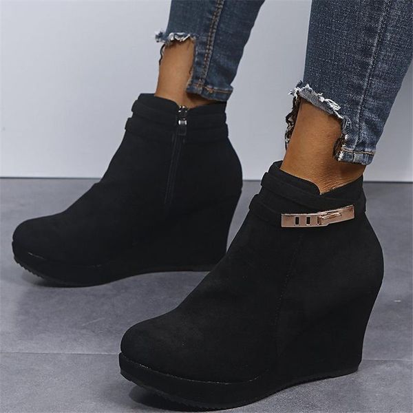 

dress shoes 2021 feminina antiskid booties winter women ankle boots side zipper footwear platform high heels wedges woman botas 43, Black