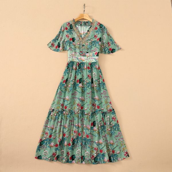 

european and american women's wear for summer 2021 horn sleeve nail beaded v-neck fashion green print dress xxl, Black;gray
