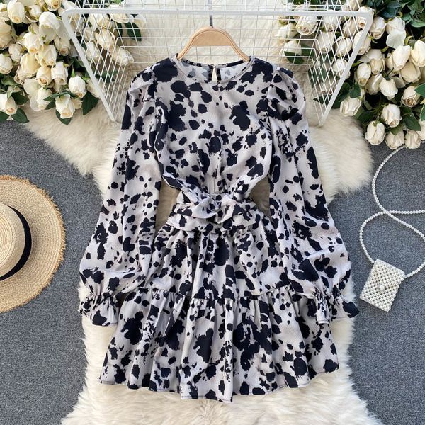 

spring and summer retro fashion leopard print french long-sleeved waist-sealing design ruffled dress 210525, Black;gray