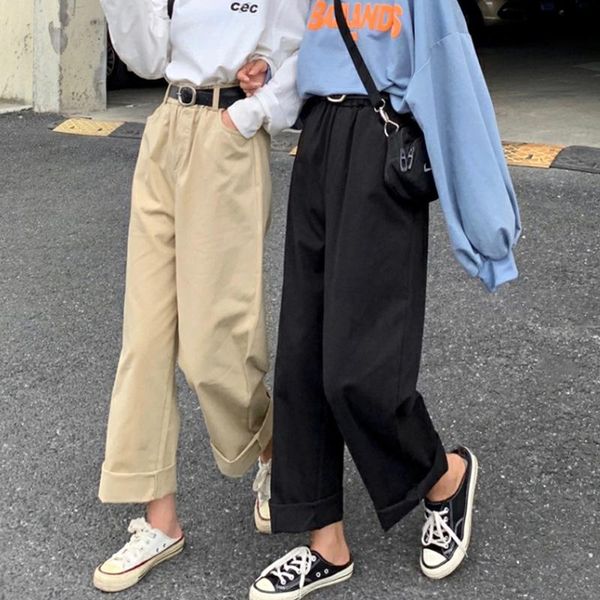 

women's pants & capris wide leg female high waist 2021 spring and autumn belt loose leisure straight hip hop, Black;white