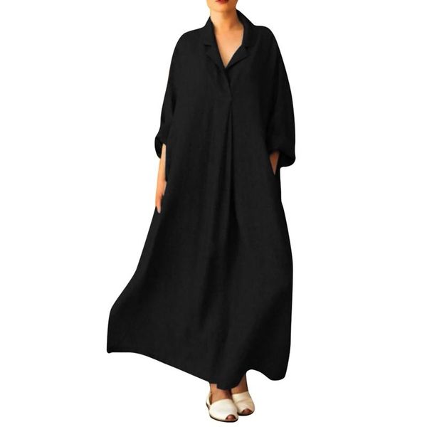 

casual dresses plus size summer dress women kaftan cotton long sleeve plain casaul oversize maxi shirt vestidos mujer verano 2021, Black;gray