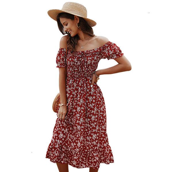 

casual dresses slash neck off shoulder laceup ruffle sleeve summer women floral print elastic waist chiffon pleated party long kghw, Black;gray