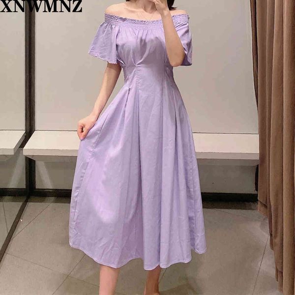 

za vintage solid off shoulder dress women short sleeve elastic waist a-line midi summer dress elegant female holiday dress 210510, Black;gray