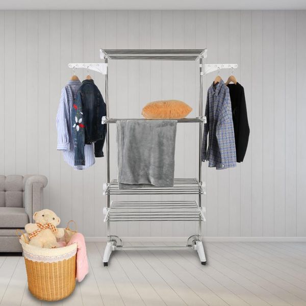 

hangers & racks drying folding hanger 4 tiers adjustable rolling clothing garment clothes airer stainless laundry rack hanging hw