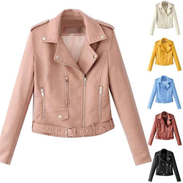 

women's jackets lady leather long sleeve lapel zipper button pocket motorcycle jacket short coat, Black;brown