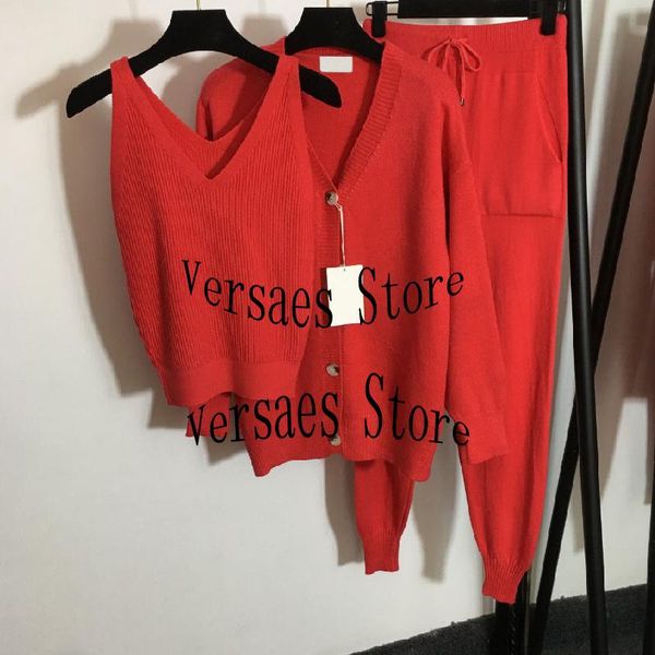 

women's two piece pants 2021 luxury design high-end fashion suspender vest + v-neck long sleeve cardigan high waist trousers knitted su, White