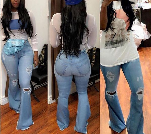 

women's jeans production of jeans with slim fit, hole and flared hem, Blue