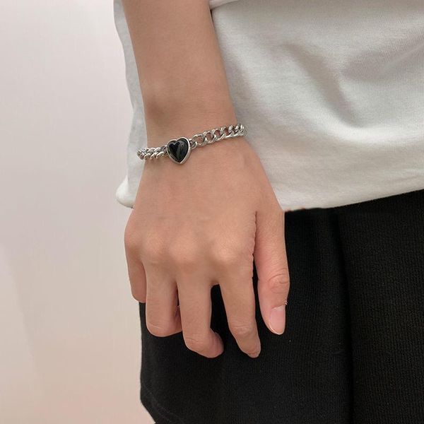 

link, chain 2022 kpop trend silver color bracelets for women personality black love heart bracelet creativity aesthetic jewelry