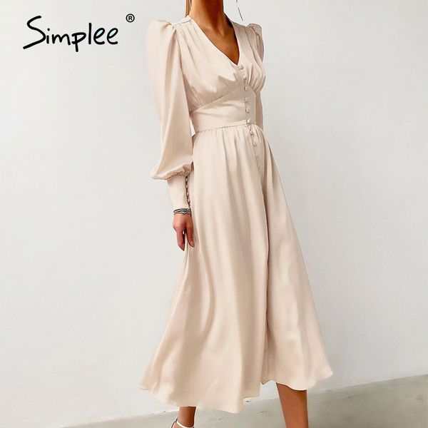 

2021simplee elegant spring satin bishop sleeve a-line dress women v-neck high waist button dress solid vintage long dresses chic, Black;gray