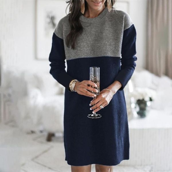 

women casual autumn long sleeve patchwork color block loose knee-length dress vintage elegant clothes plus size dresses, Black;gray