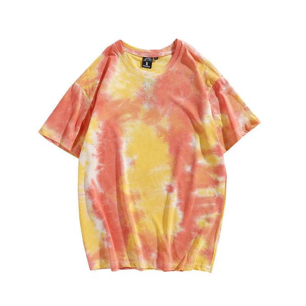 

men's 2021 spring and summer new fashion brand english printing color gradient tie dye men's loose short sleeve t-shirt, White