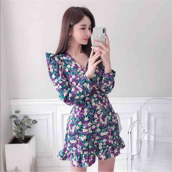 Elegantes Druck-Minikleid koreanische Damen Sommer Kurzarm Sexy Büro niedliche Partykleider für Frauen 210602