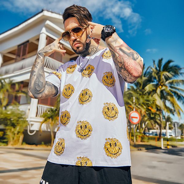 

tee 2021 cartoon smiley face oversized t fat man crew neck cotton shirt, White;black