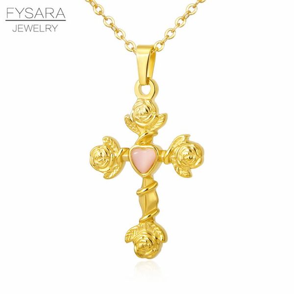 

pendant necklaces fysara religious jewelry cross necklace & rose flower pink stone christian choker titanium steel for women, Silver